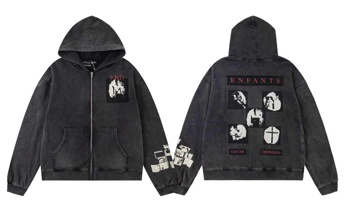 Enfants Riches Déprimés Multi-Panel Photo Zip-Up Hoodie - Washed Black